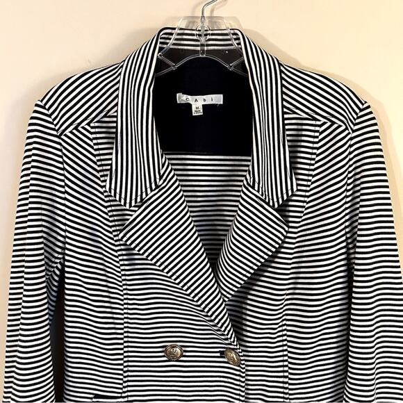 CAbi Navy/White Striped 3/4-Sleeve Double Breasted Blazer Jacket Size Medium - Picture 2 of 13